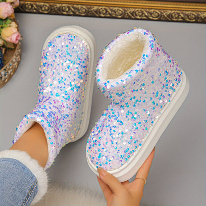 Women'S Sparkling Sequin Snow Boots - Cozy Fleece-Lined Slip-On Ankle Boots with Thick Rubber Sole, Lightweight & Warm for Winter, Blue & White Glittery Design, Perfect for Casual or Festive Outfits, Winter Boots