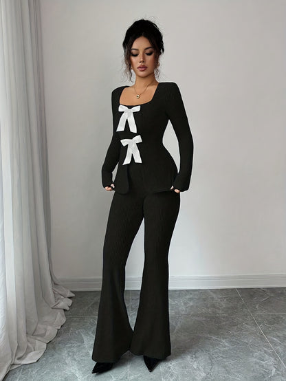 Elegant Women's Slim Fit Bow-Tie Top & Flared Pants Set - ayq