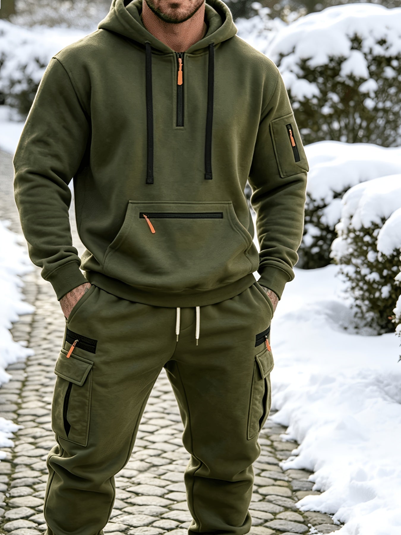 Men's Casual Hooded Tracksuit Set with Zipper Pockets