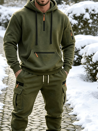 Men's Casual Hooded Tracksuit Set with Zipper Pockets