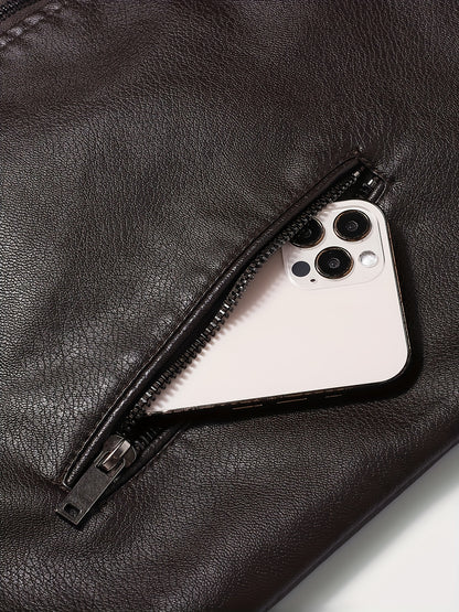 Men's Stylish Burgundy Jacket - Fall/Winter Trendy Stand Collar Biker Jacket with Multiple Zippered Pockets, Casual Design for Casual Attire, Fall Jacket | Modern Casual Jacket | Glossy Finish Jacket