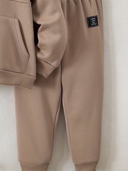 Boys' Cozy Fleece-Lined Hoodie & Sweatpants Set - Olive Green Casual Winter Outfit with Pockets, Thick Warmth for Fall & Winter, Regular Fit, Casual Attire, for Outdoor