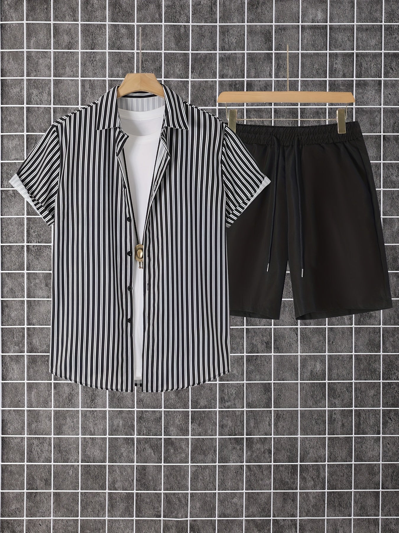 Men's Summer Printed Button-Up Shirt & Shorts Set