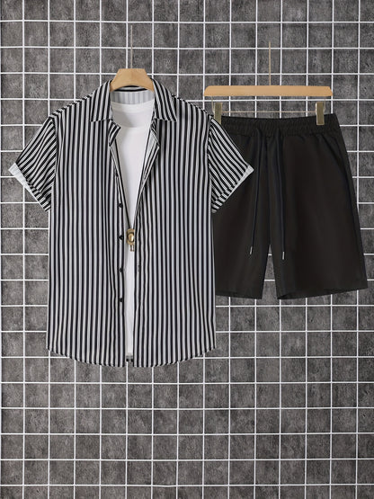 Men's Summer Printed Button-Up Shirt & Shorts Set