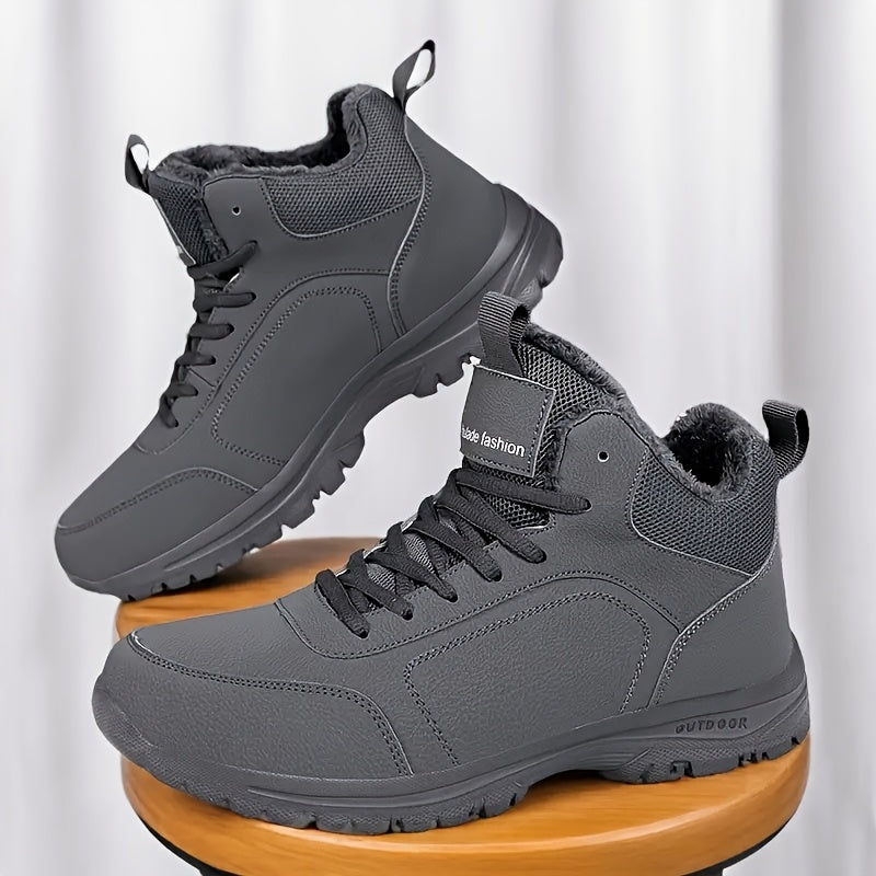 Men'S Mid-Top Winter Snow Boots - Lightweight, Non-Slip, Warm Plush Lining, Durable MD Sole, Black Workwear & Street Style for Outdoor Sports, Hiking, and Daily Leisure, Winter Boots, Hiking Footwear, Sleek Boot Design, Flexi