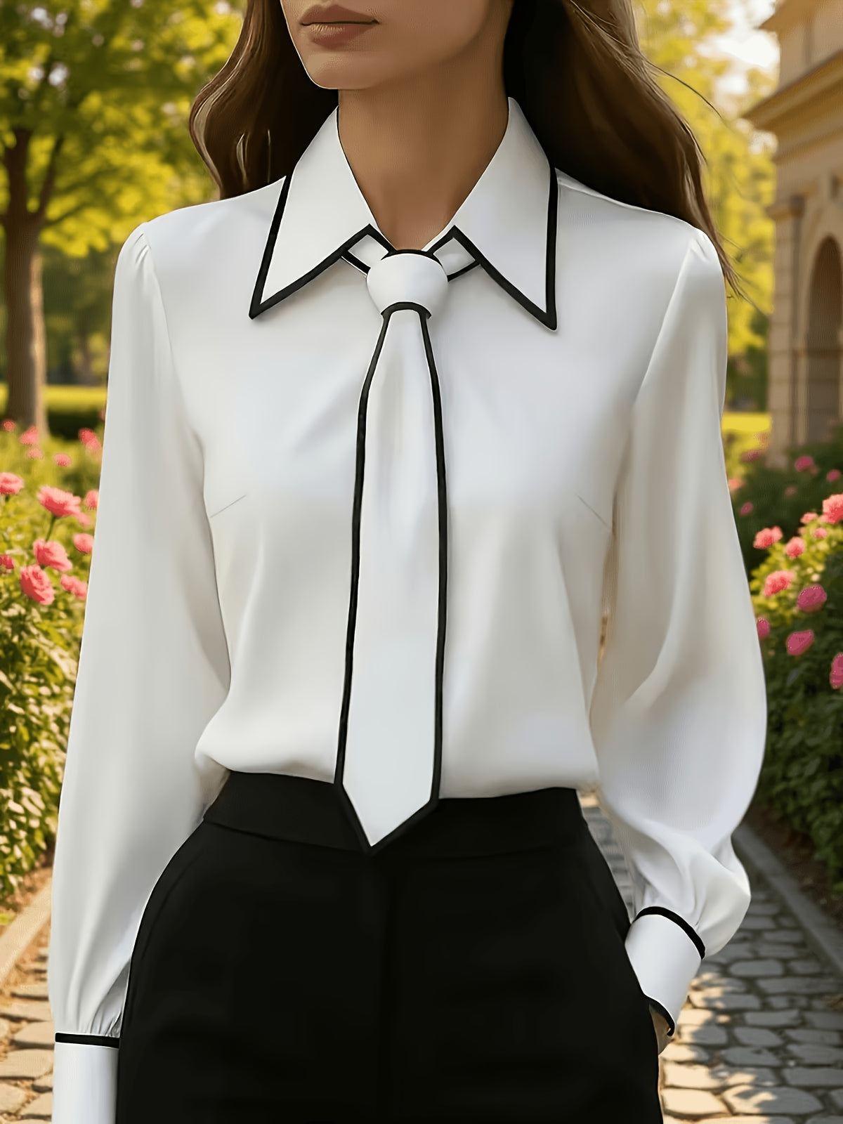 Women's Black & White Color-Block Knotted Long Sleeve Shirt - ayq