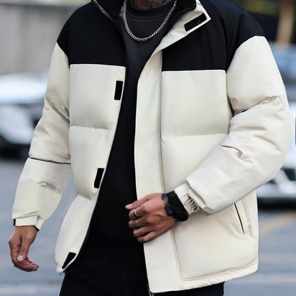 Men's Winter Color-Block Jacket with Stand Collar - Black & Casual Outdoor Warm Coat, Polyester-Filled Zipper Front, Regular Fit for Cold Weather, No Stretch Fabric