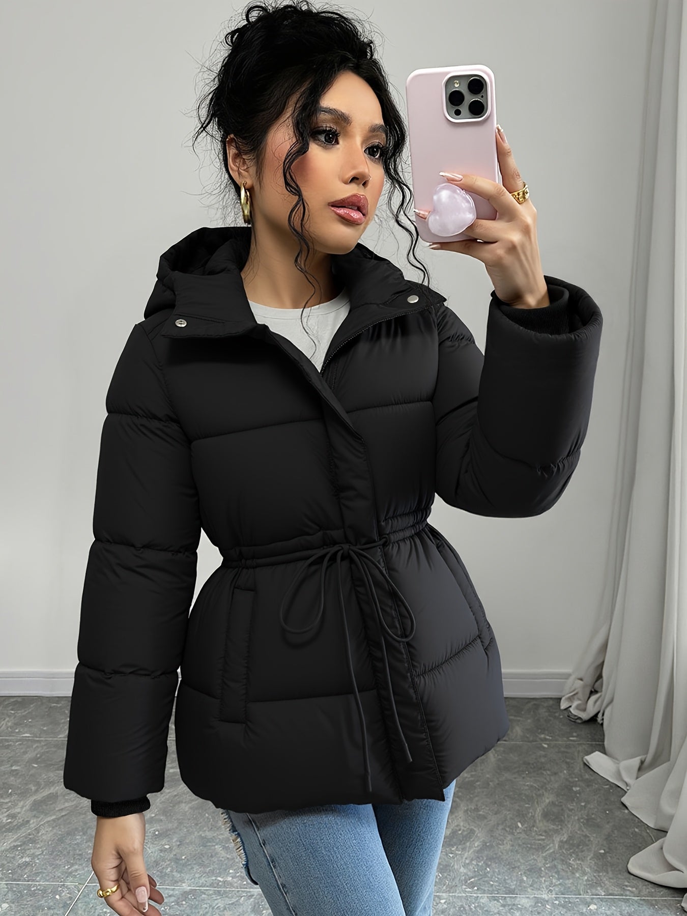Women'S Elegant Black Puffer Jacket - Mid-Length Loose Fit with Adjustable Drawstring Waist, Long Sleeves, and Front Zipper, Casual Winter Outerwear for Cold Weather, Winter Jacket