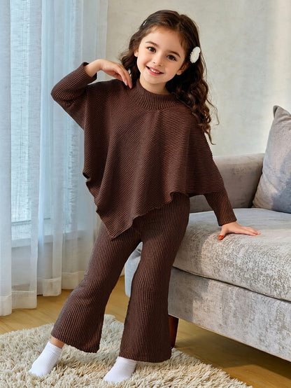 Girls' Fall/Winter Ribbed Pullover & Flared Pants Set - ayq