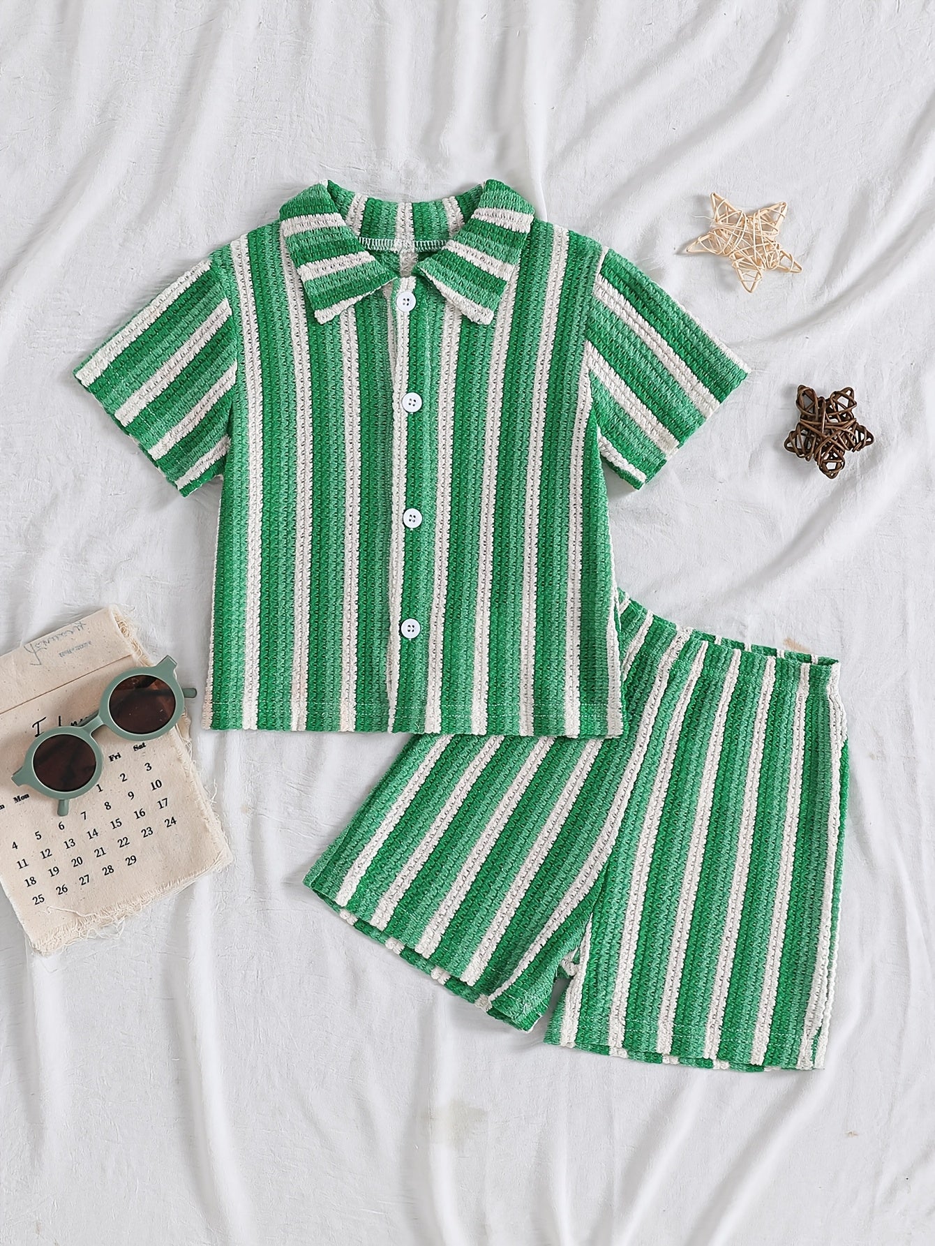 Boys' Summer Striped Waffle Knit Shirt & Shorts Set