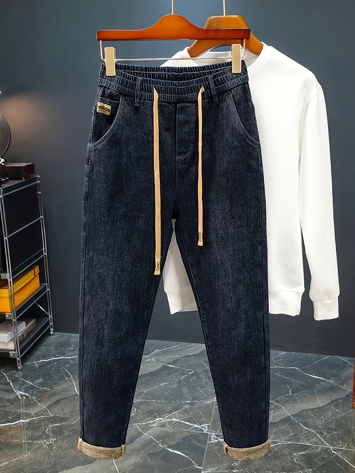 Men's High-Waist Stretch Denim Jeans with Drawstring Waist