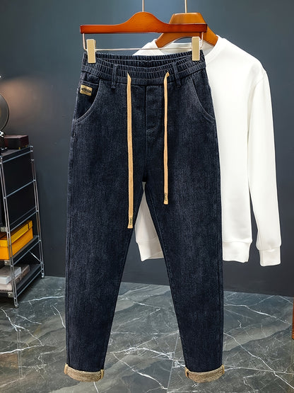 Men's High-Waist Stretch Denim Jeans with Drawstring Waist