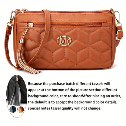 Quilted Women'S Crossbody Bag with Large Capacity, Casual Shoulder Bag Featuring Tassel Decorations, Multiple Zip Openings, And Adjustable Shoulder Strap