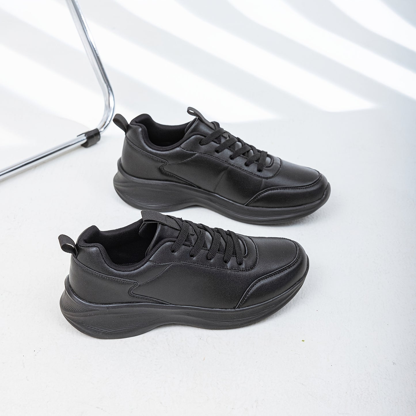 Men's Casual Sneakers Tennis Shoes - Comfortable, Versatile, and Stylish Running, Sports, and Casual Footwear. Black with White Accents, Featuring a Solid Black Synthetic Upper and Durable, Slip-resistant PVC Sole. Lace-up De - ayq