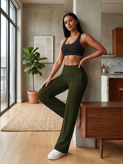 High-Waist Tummy Control Flared-Leg Pants with Pockets