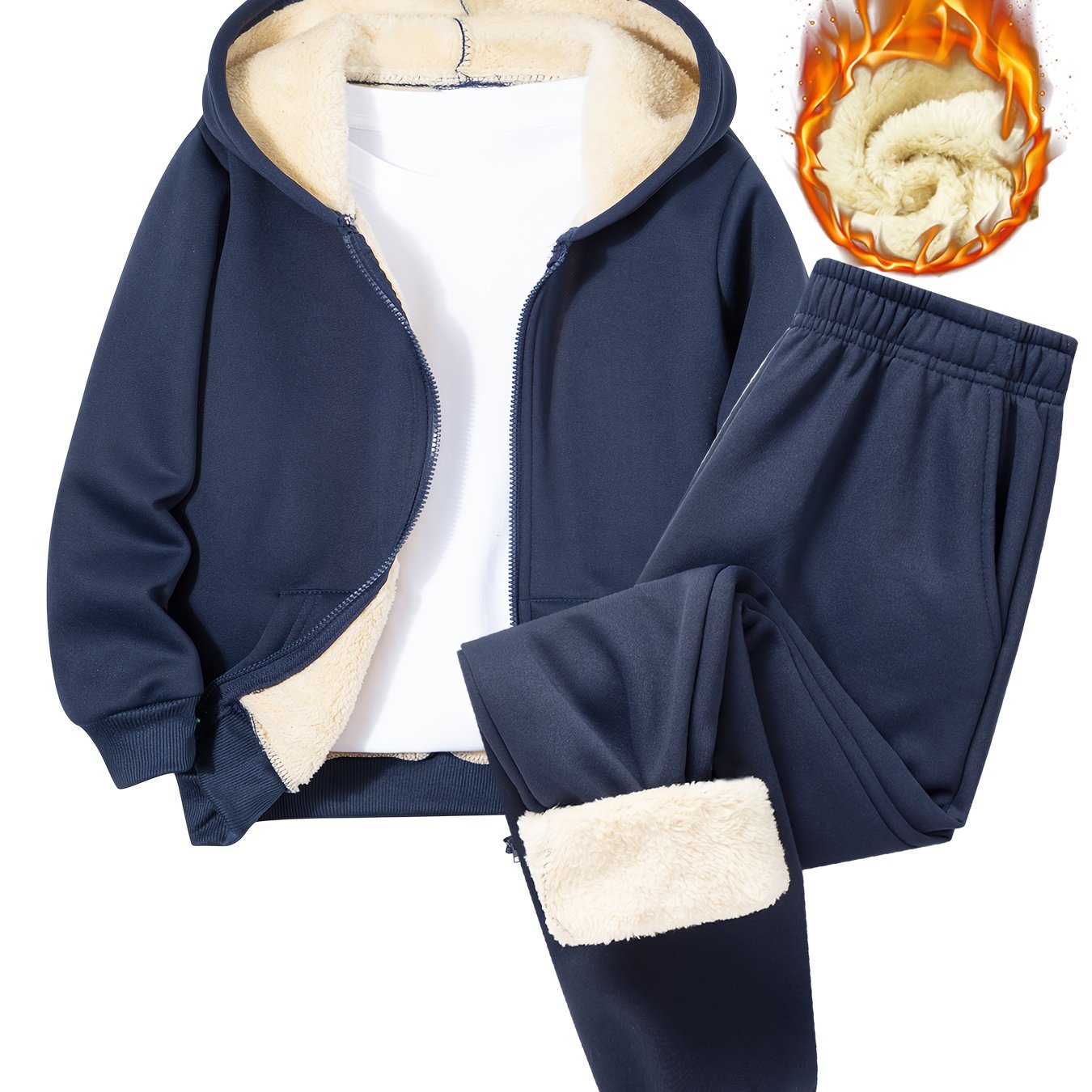 2pcs Boys' Fleece-Lined Hooded Sweatshirt + Casual Pants Set, Solid Color Long-Sleeved Zip-Up Top with Medium Stretch Warm Fabric for Autumn/Winter Season, Perfect for