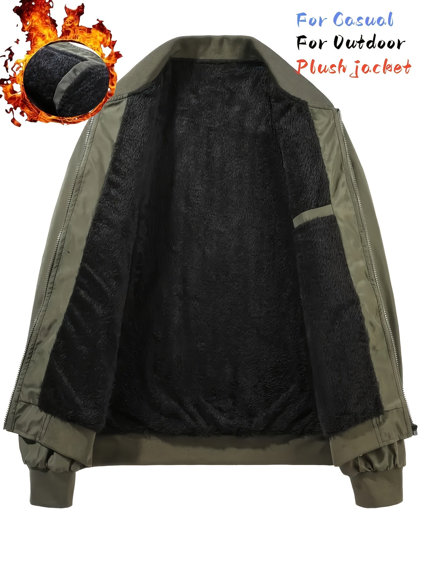 Men's Thermal Bomber Jacket - Heavyweight Winter Coat with Zippered Pocket, Casual Black Jacket, Polyester Outerwear for Men, Ideal for Aviation & Everyday Use, Casual Jacket For Men, Lightweight Jacket For Men, Winter Clothe