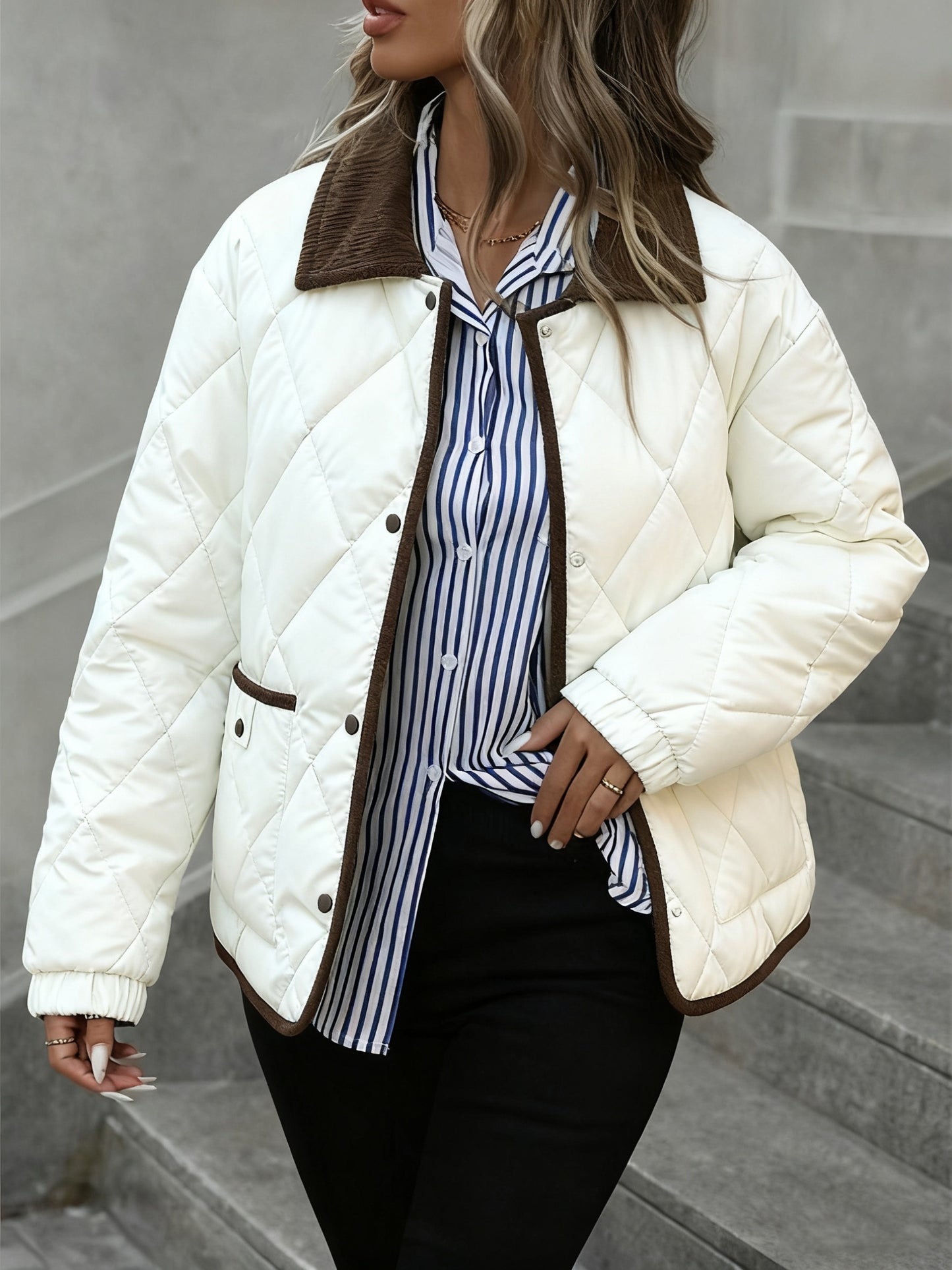 Rhombus Pattern Fashion Women's Top, Collar Spliced Single-Breasted Short Coat, Winter 2024 New Arrival, Contrast Trim, Petite-Friendly Jacket, Fashionable Warm Casual Outerwear, High-Reviewed