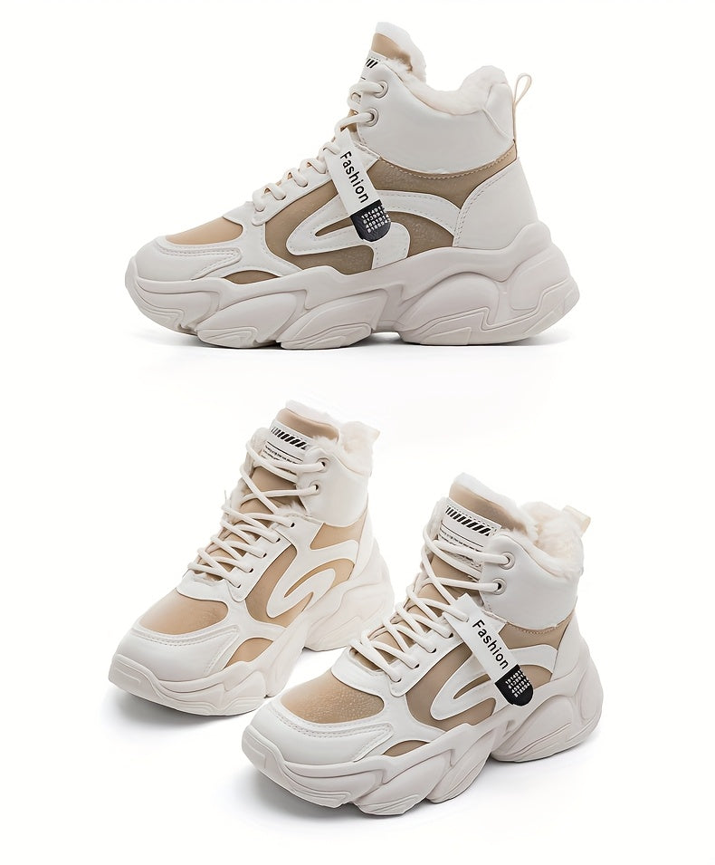 Women's Plush Fleece-Lined High-Top Sneakers - Thick-Soled Winter Warm Lace-Up Shoes with PU Upper & Cushioned PVC Sole, White/Black/Grey Chunky Dad Shoes (Cozy Round Toe) - Instagram Trendy Winter Footwear by I Trend