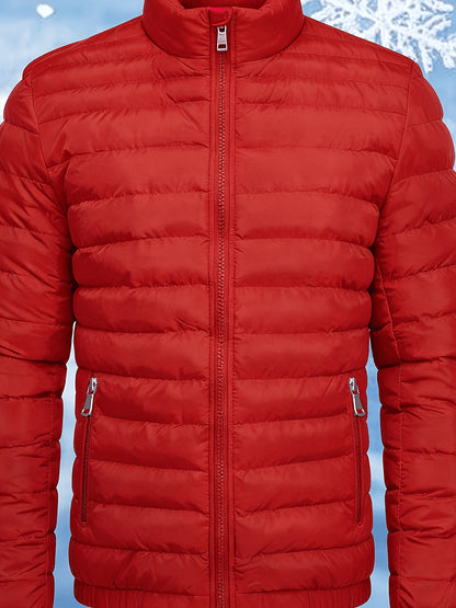 Men's Stand Collar Winter Jacket with Zipper and Fiber Filling