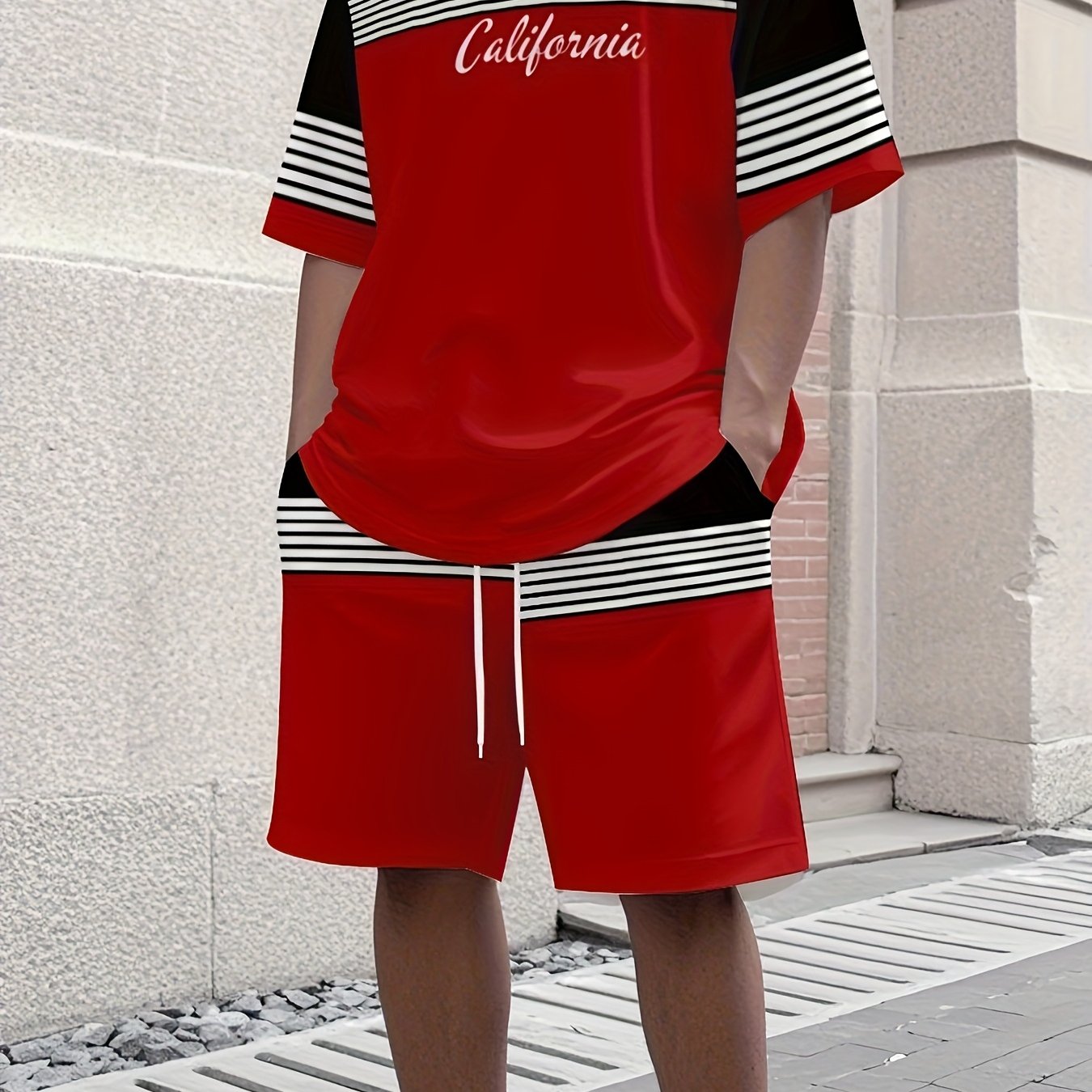 Men'S Athletic T-Shirt & Shorts Set - California Graphic, Blue & White, Drawstring Waist, Summer Sportswear, Regular Fit, Adult Exercise Gear, Athletic Apparel | California Design | Knit Constructio