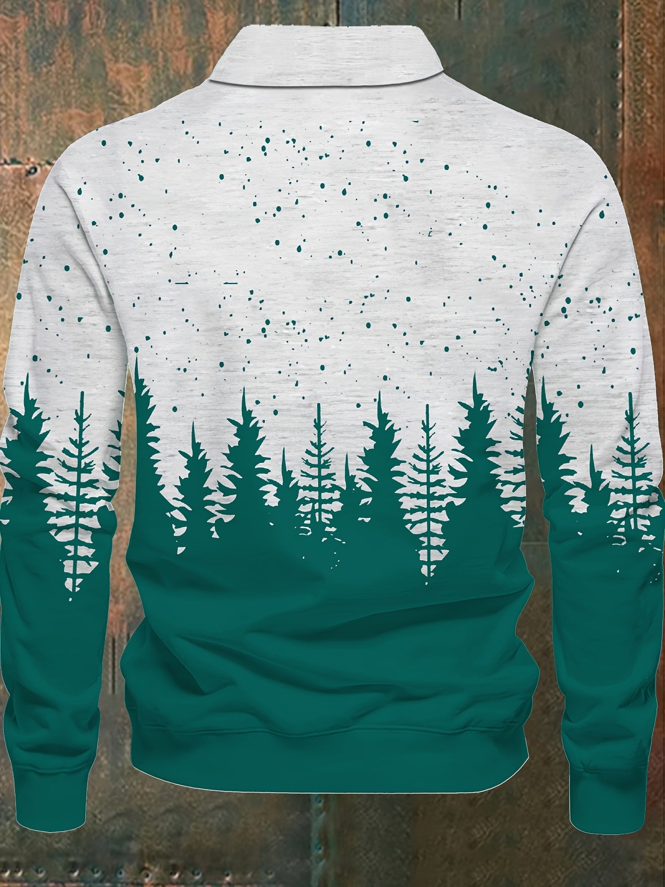 Men'S Plus Size Long Sleeve Henley Shirt with Forest & Deer Application, 100% Polyester Knit Fabric, Regular Fit Sporty & Party Top with Collared Neck and Slight Stretch - Printed Design