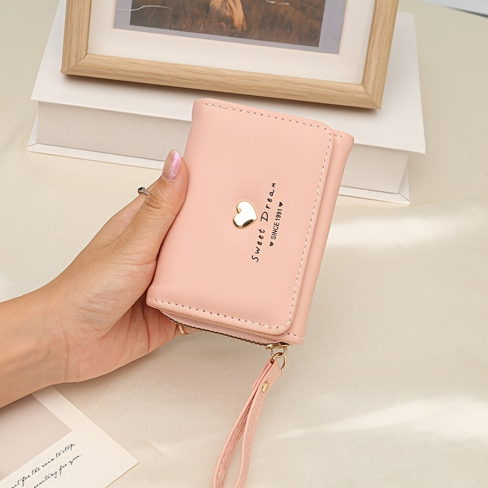 New Women'S Short Wallet, Cute Korean-Style Heart-Shaped, Large Capacity with Multiple Card Slots, Trendy Tri-Fold Design.