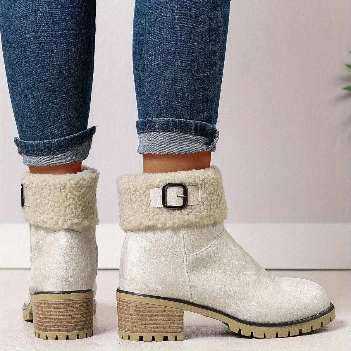 Chunky And Clssic Women'S Ankle Boots, Comfortable And Elegent Woemen Shoes. Warmth Khaki、Black And Beige Winter Women' Boots. Solid-Colored. Fleece-Lined Boots, Heighten And Non-Slip Lighhtweight Shoes with Cute Round Toe.