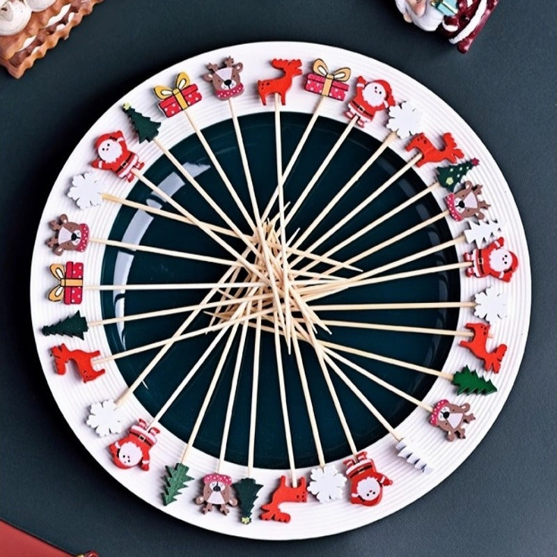 100pcs Festive Christmas Fruit Skewers with Santa, Reindeer, Snowflake & Tree Designs - Disposable Bamboo Picks for Parties, Desserts, Cocktails & Hamburgers, Christmas Dessert Decorations, Durable Fruit Skewers