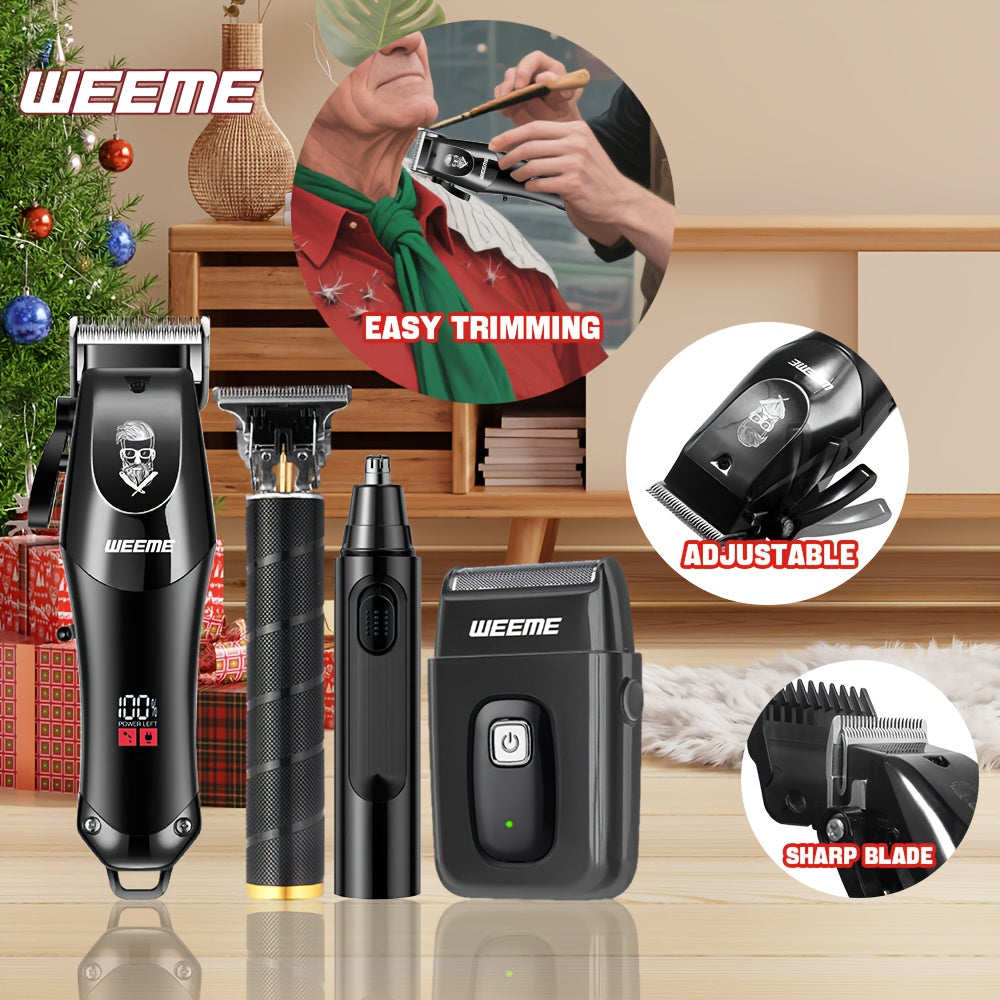 WEEME 4pcs Professional Hair Clipper Set for Men, Cordless Barber Clippers and Trimmer Kit, Electric Beard Trimmer and Nose Trimmer, Foil Shaver Grooming Tools, Luxury Christmas Gift Set for Him (Black) - ayq