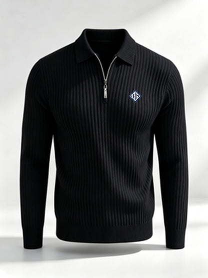 Men's Casual Long-Sleeve Ribbed Half-Zip Polo Shirt for Fall