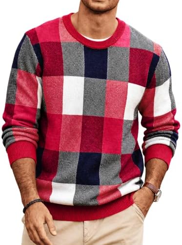 Men's Plaid Crew Neck Knit Sweater Long Sleeve Pullover