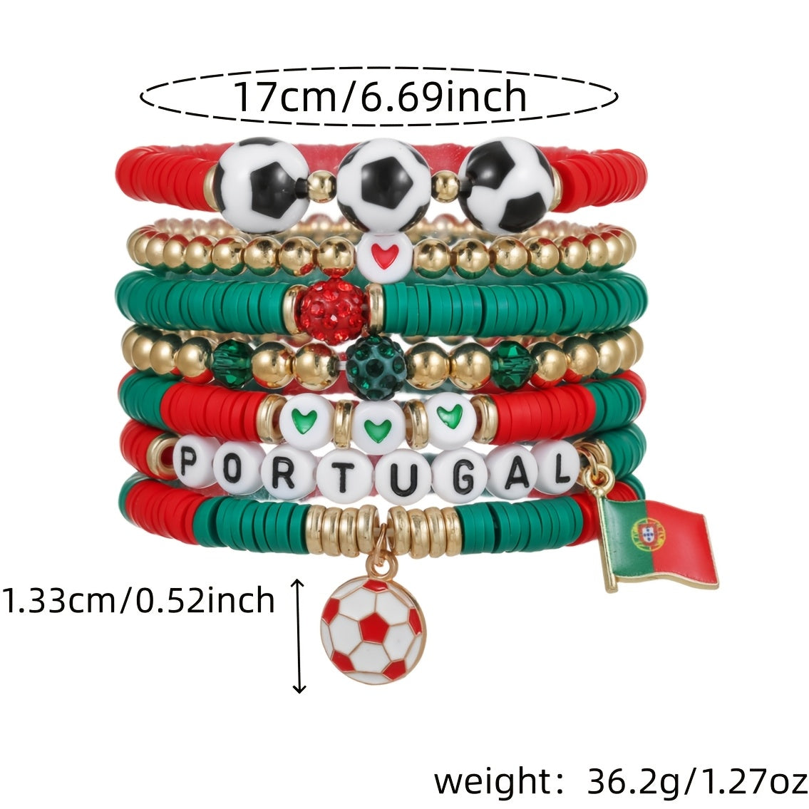 Portugal Fan Bracelet with Football Pendant and Flag Charm