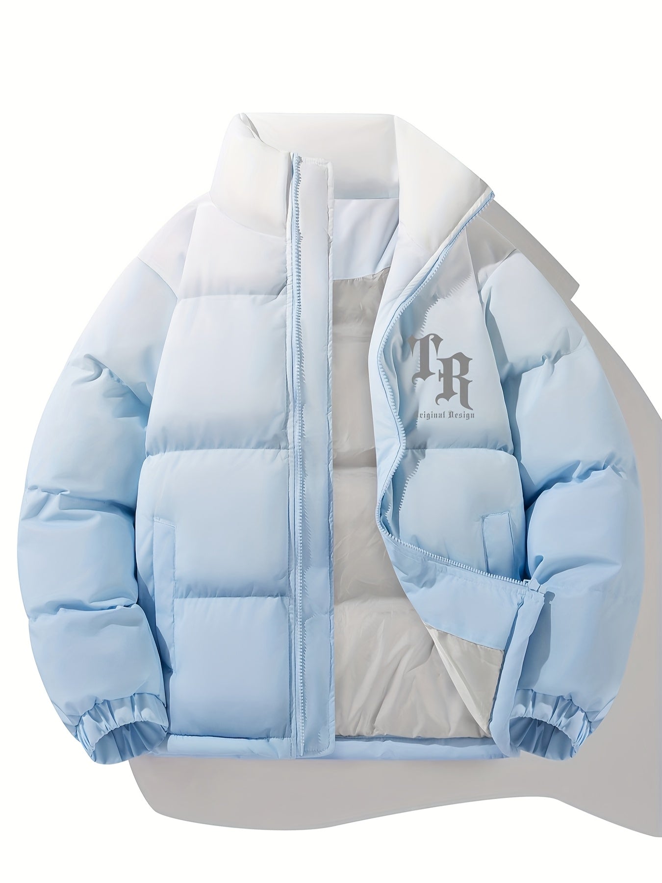 1pc Men'S Street Style Stand Collar Coat, Alphabet Print, Regular Fit, Drawstring Detail, Non-Stretch Woven Polyester, 100% Polyester Filler, Long Sleeve Casual Warm Gradient Jacket for Autumn and Winter