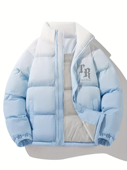 1pc Men'S Street Style Stand Collar Coat, Alphabet Print, Regular Fit, Drawstring Detail, Non-Stretch Woven Polyester, 100% Polyester Filler, Long Sleeve Casual Warm Gradient Jacket for Autumn and Winter