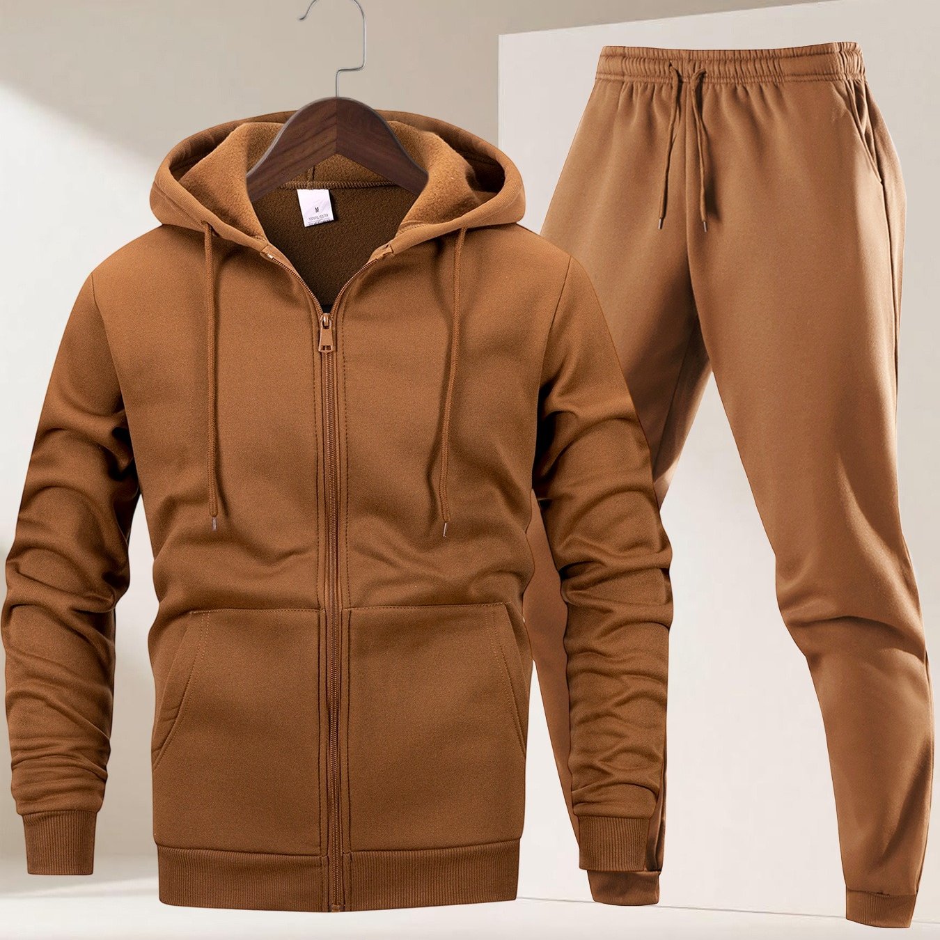 Autumn Winter Men's Hooded Sportswear Set, Simple Classic Versatile Outfit with Zip-Up -Lined Warm Jacket and Drawstring Sweatpants for Casual Leisurewear
