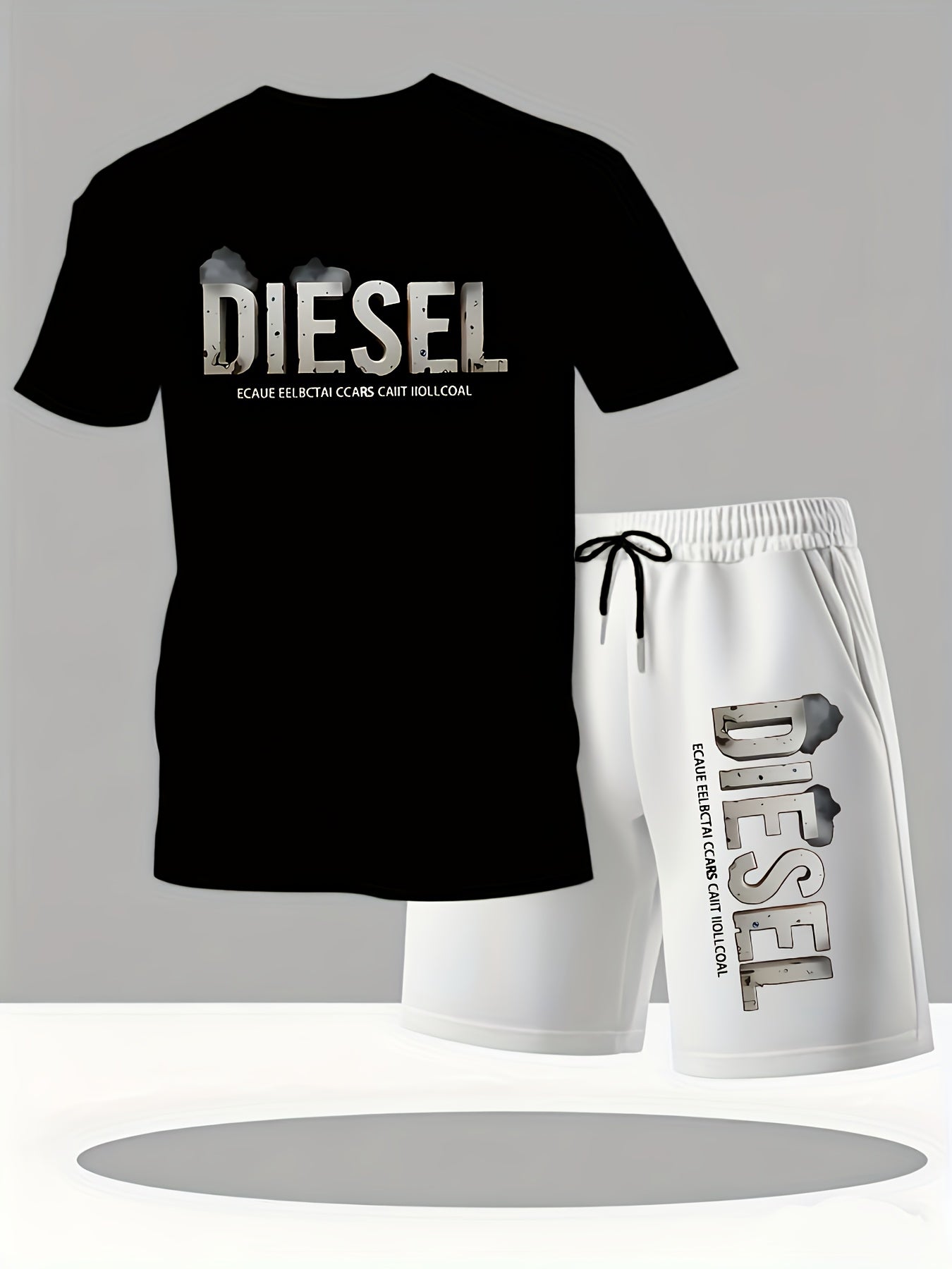 Summer Men'S Casual Sports Short Sleeve T-Shirt and Shorts Set, Comfortable Breathable, Suitable for Outdoor Jogging Running Fitness, Diesel Letter Print Design - 2pcs Set