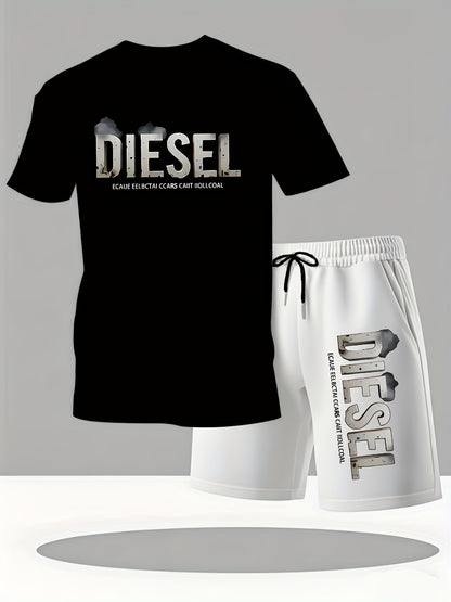 Summer Men'S Casual Sports Short Sleeve T-Shirt and Shorts Set, Comfortable Breathable, Suitable for Outdoor Jogging Running Fitness, Diesel Letter Print Design - 2pcs Set