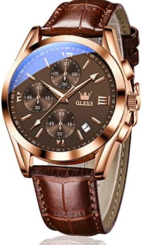 OLEVS Men's Waterproof Leather Band Quartz Watch