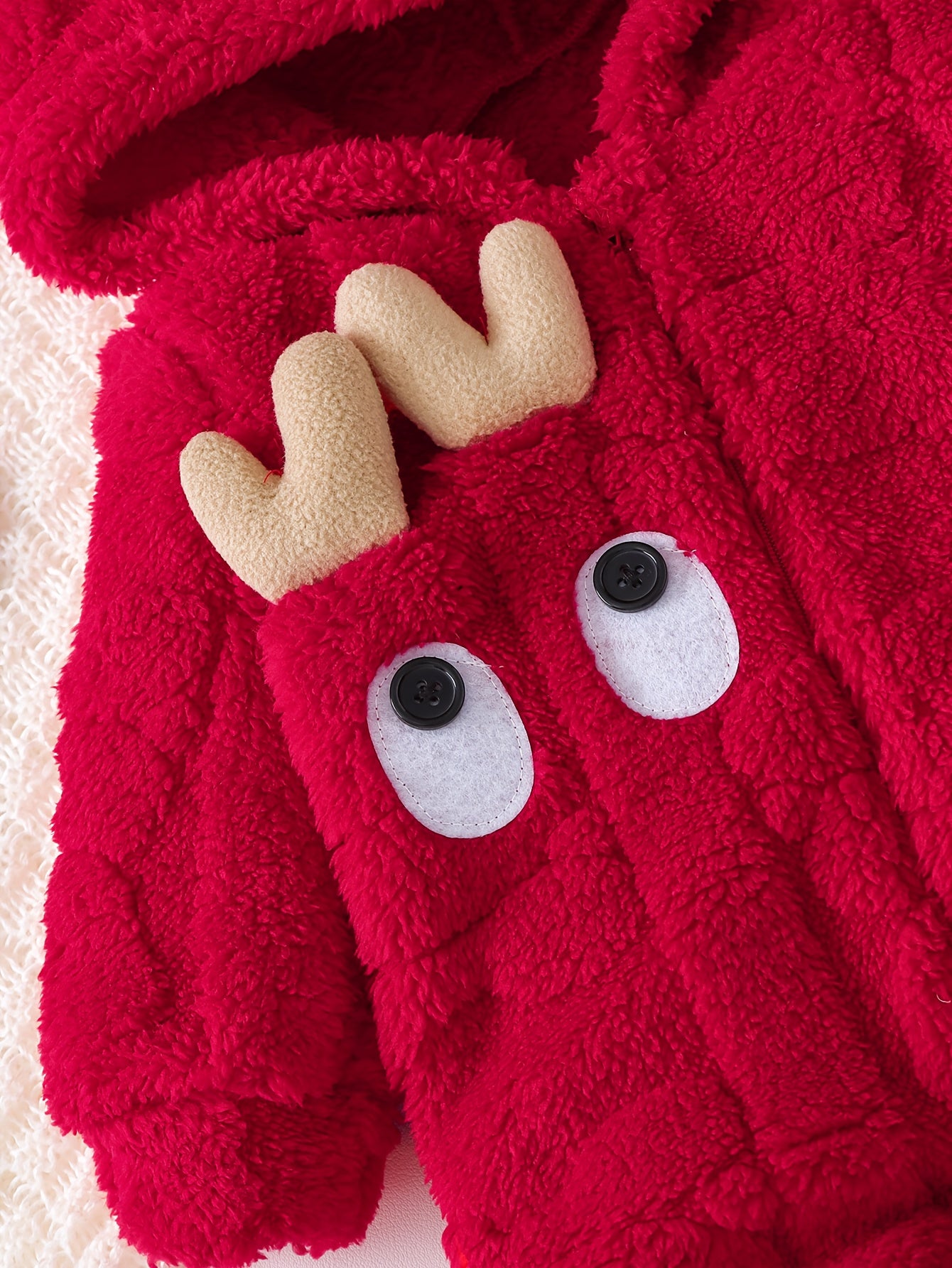 Boys & Winter Plush Hooded Romper Jumpsuit - Soft Zippered Full-Body Snow Suit with Antler, Machine Washable Warm Outfit for &, Cozy Red Baby Clothing, Perfect for Outdoor