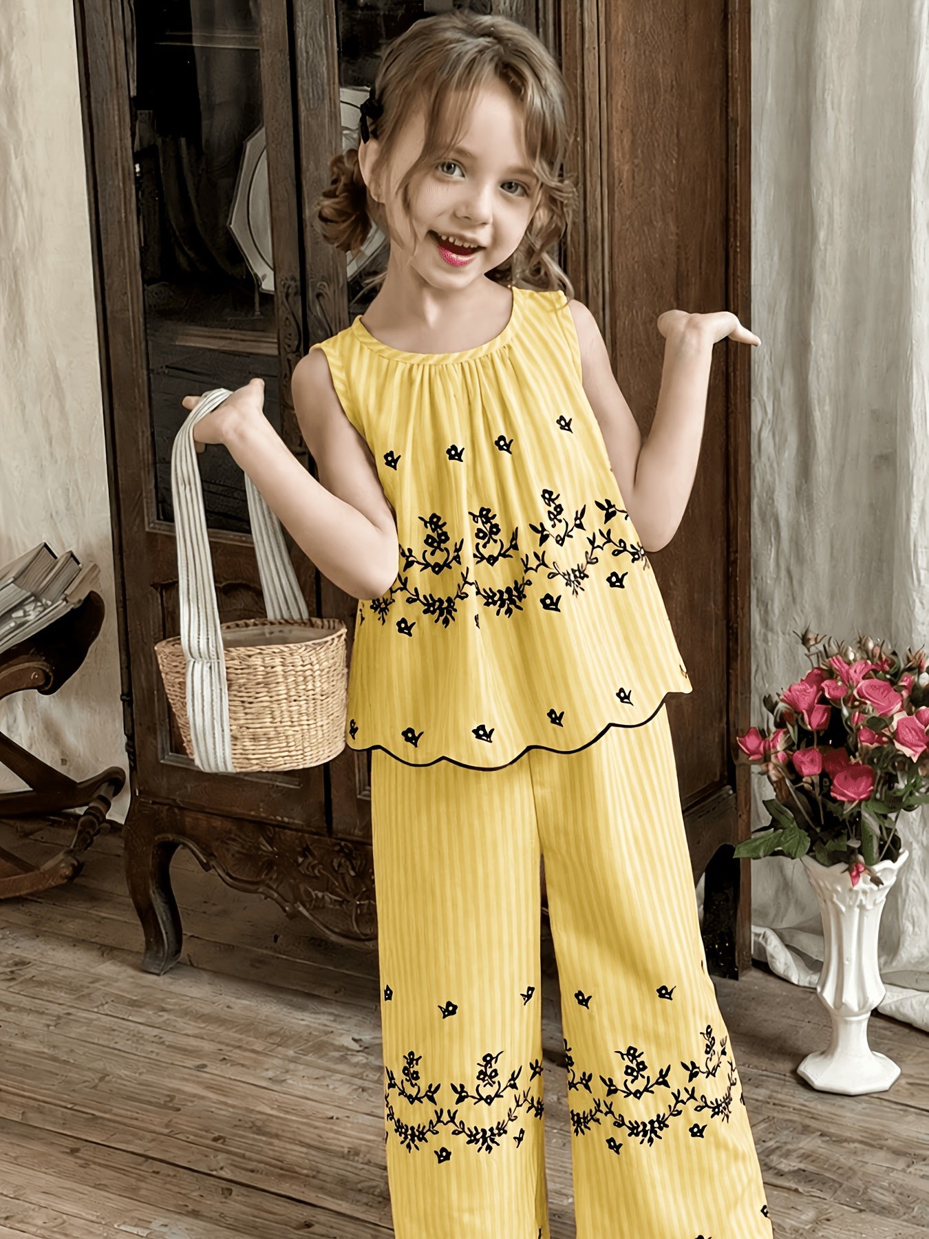Girls' Retro Floral Striped Sleeveless Top & Wide Leg Pants Set