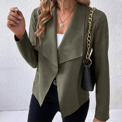 Plus Size, Olive Green Faux Fur Lapel Blazer - Stretchy Polyester Casual Jacket with Golden-Tone Chain Strap Shoulder Bag, Machine Washable Fall/Winter Outerwear for Women