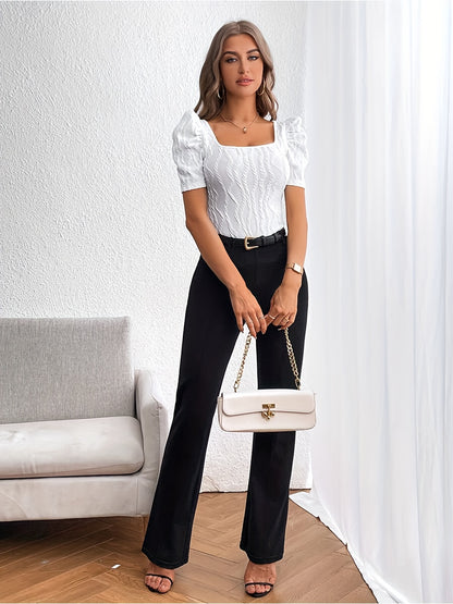 Summer Elegant Women's Wide Square Neck Short Sleeve Textured Ribbed Top