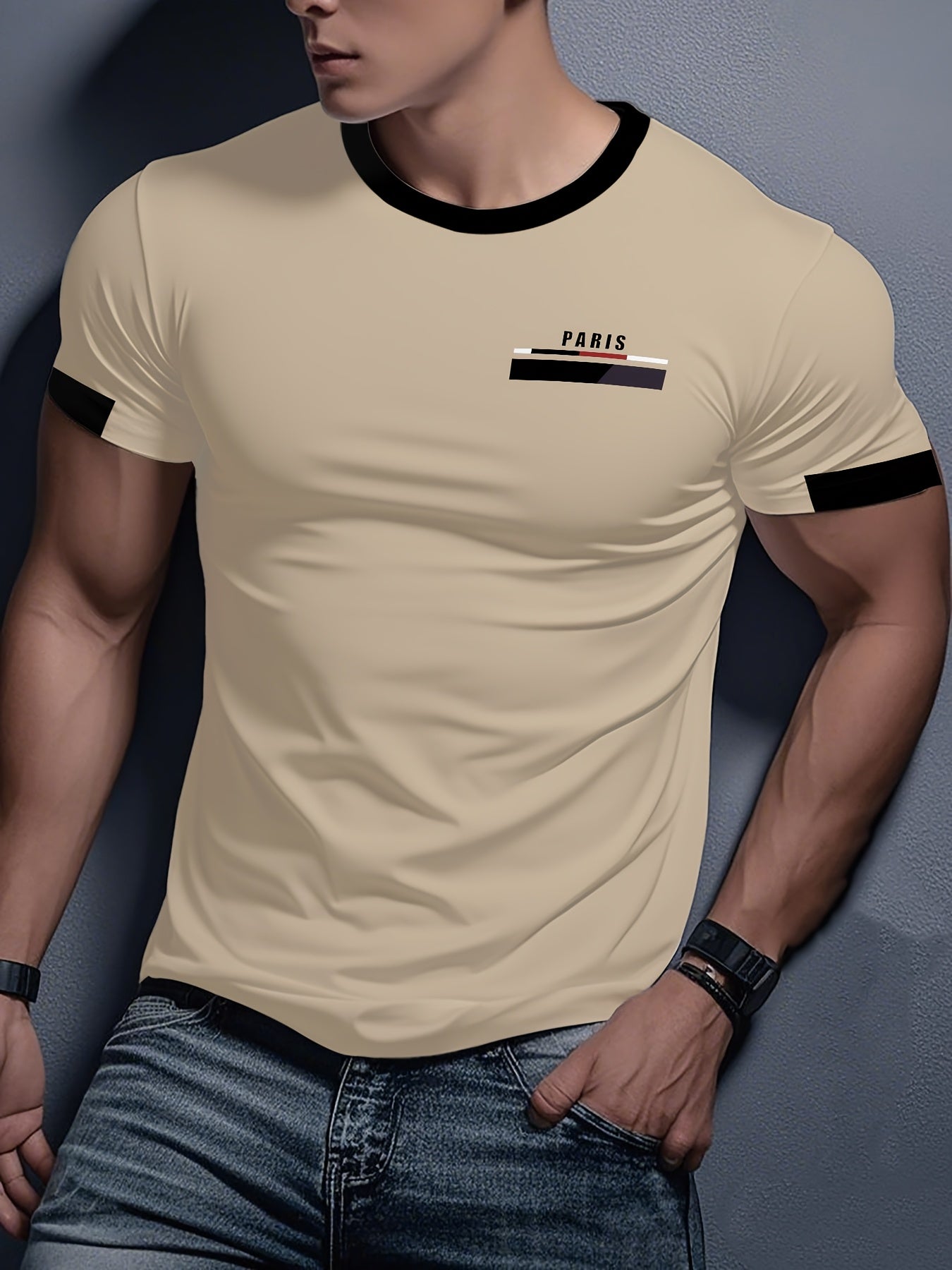 Men'S Paris Graphic T-Shirt - Green Polyester Crew Neck Tee with White Stripes  Print - Casual Sporty Knit Top for Casual Attire, Breathable Fabric