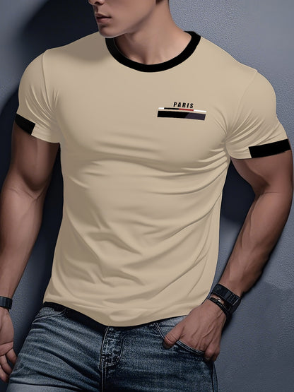 Men'S Paris Graphic T-Shirt - Green Polyester Crew Neck Tee with White Stripes  Print - Casual Sporty Knit Top for Casual Attire, Breathable Fabric