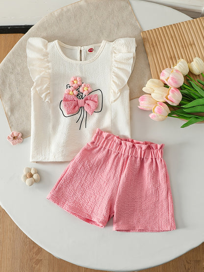 Girls' Summer Two-Piece Set with Floral Sleeveless Top & Shorts