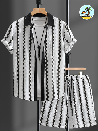 Men's Summer Casual 2-Piece Set with Color Block Shirt & Shorts