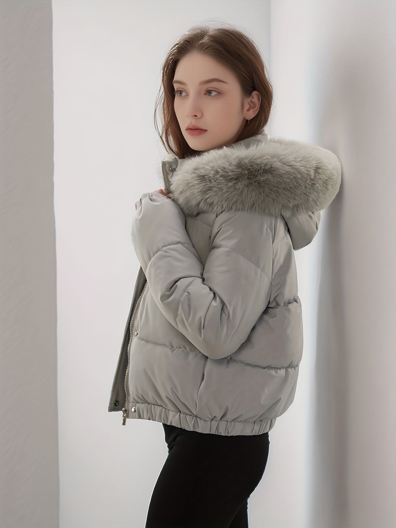 Women'S Winter Coat with Removable Faux Fur Hood - Thickened Loose Fit Long Sleeve Jacket, Zippered Pockets & Button Front, Casual Solid Color Outerwear for Cold Weather, Cozy Warmth, Buttoned Closure, Durable Fabric