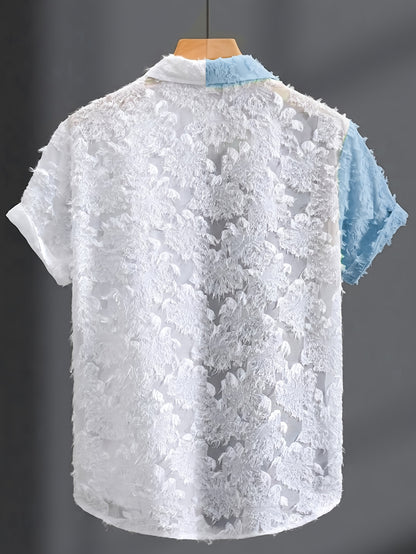Men's Casual Sheer Lapel Collar Short Sleeve Shirt for Summer