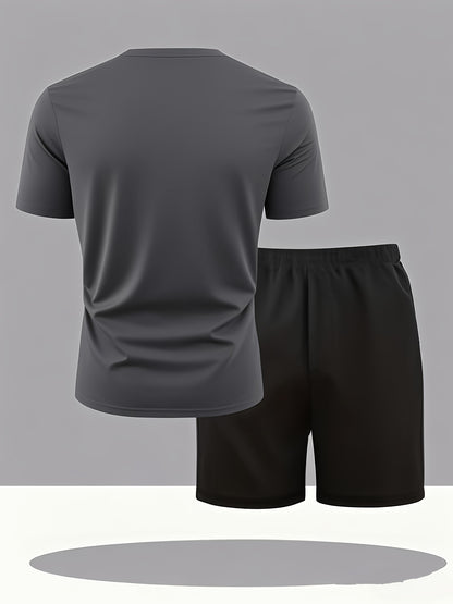 Summer Men'S Casual Sports Short Sleeve T-Shirt and Shorts Set, Comfortable Breathable, Suitable for Outdoor Jogging Running Fitness, Bench. Letter Print Design - 2pcs
